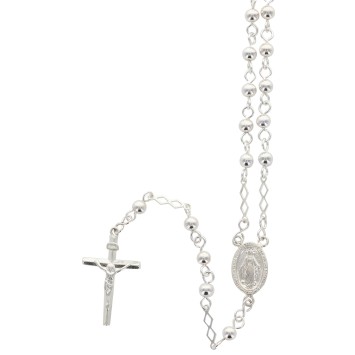 Chapelet en argent 925 °/°° (14,10 g) longueur jusqu'au cœur 31 cm grains ronds Ø 3 mm croix avec Christ. Livré en boite.